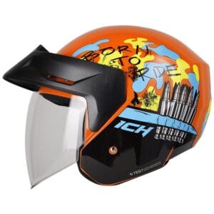Casco abierto ICH 101 militar naranja azul para motociclista diseño deportivo y seguro