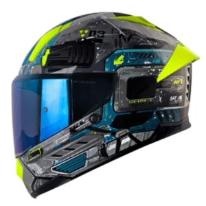 Casco integral SHAFT 595 Omega en gris y amarillo, con diseño aerodinámico, visor antirrayas, ventilación avanzada e interior desmontable y lavable.