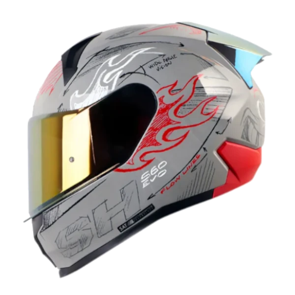 Casco integral SHAFT 560 Evo Sketch en color rojo y gris con diseño artístico, visor antirrayas y sistema de ventilación avanzado para motociclistas.