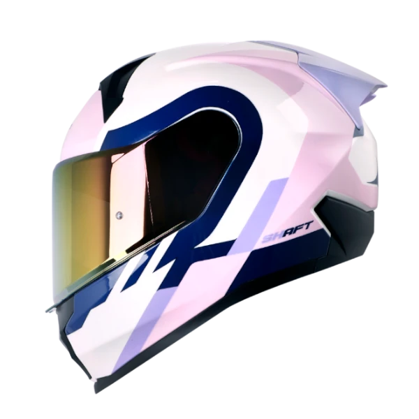 Casco integral Shaft 560 EVO WUOKI en blanco y morado claro, diseño juvenil con gráficos únicos y visera panorámica, modelo BV para motociclistas.