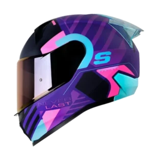 Casco integral SHAFT 560 Evo Fallou en colores morado y azul, con diseño aerodinámico, visor antirrayas y ventilación para motociclistas.