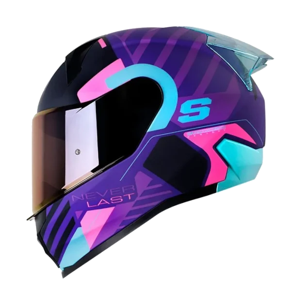 CASCO INTEGRAL SHAFT 560 EVO FALLOU MORADO AZUL BV Casco integral SHAFT 560 Evo Fallou en colores morado y azul, con diseño aerodinámico, visor antirrayas y ventilación para motociclistas.