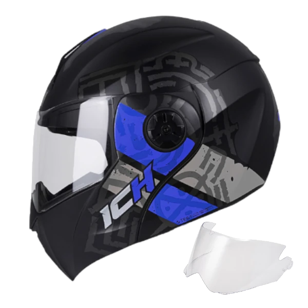 Casco abatible ICH 3110 Runas color azul con visera transparente – diseño moderno, modelo original y certificado para motociclistas.