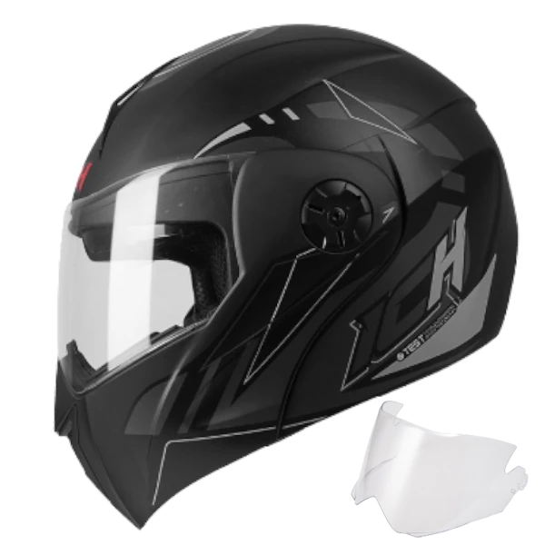 Casco abatible ICH 3110 Quortez con diseño gráfico llamativo y visor transparente – modelo modular certificado DOT, incluye visor adicional gratis.