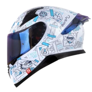 Casco Integral Shaft 612 DV EVO Things en color blanco y azul, vista lateral.