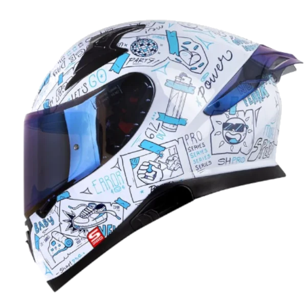 Casco Integral Shaft 612 DV EVO Things en color blanco y azul, vista lateral.