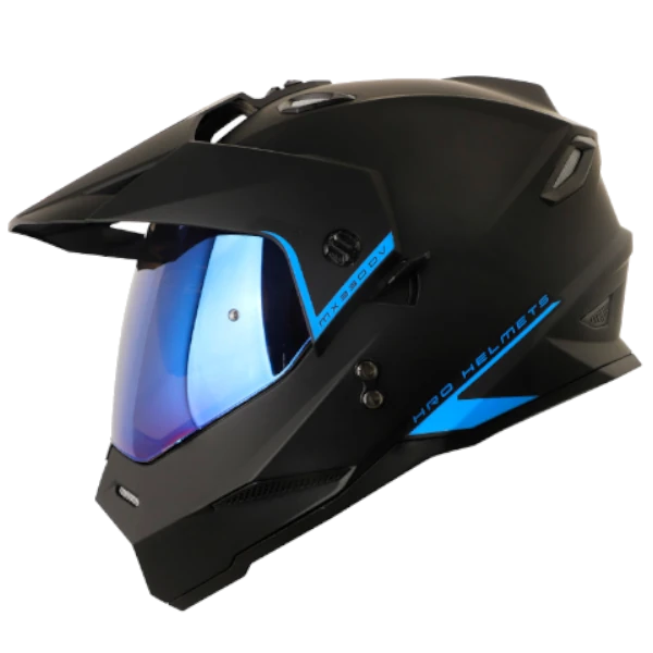 Casco multipropósito HRO MX330 DV Solid Negro Azul, con visor doble, certificación DOT y diseño deportivo.