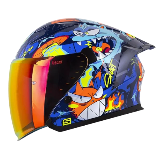 Casco abierto Shaft 226 GT Invader color naranja y azul BV para motocicleta